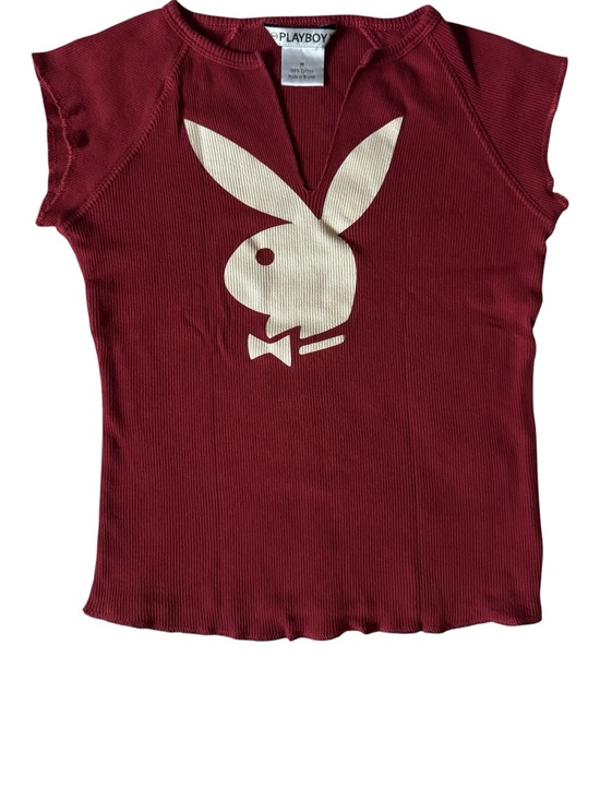 PLAYBOY Tops - True Vintage Y2K PLAYBOY Ribbed Split V-Neck Bunny Logo Baby Tee Medium